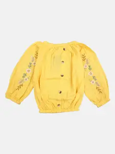 V-Mart Girls Yellow Floral Embroidered Cotton Blouson Top