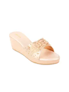 Rocia Rose Women Gold Embellished Wedge Sandals