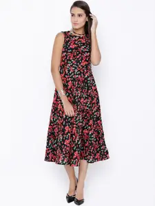 Tokyo Talkies Women Black & Red Floral Print A-Line Midi Dress