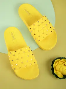 DressBerry Women Yellow Quilted Sliders with Rivet Detail