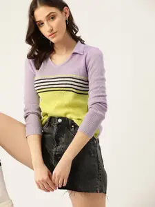DressBerry Women Lime Green & Lavender Striped Pullover