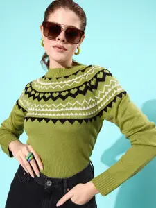 4WRD by Dressberry 4WRD by Dressberry Women Green Fair Isle Long Sleeve Round Neck Pullover