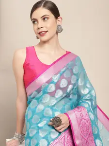 Leeza Store Blue & Pink Woven Design Organza Taant Saree