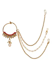 ANIKAS CREATION Red Gold-Plated & Off-White Beaded & Stone-Studded Chained Nose Ring