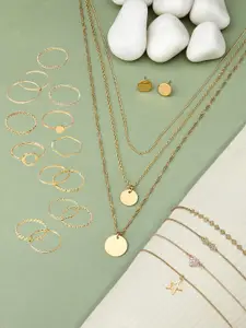AMI Gold-Plated Layered Necklace Earring Bracelet & Ring Set