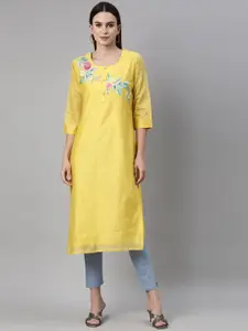 Neerus Women Yellow Floral Embroidered  Chanderi Silk Kurta