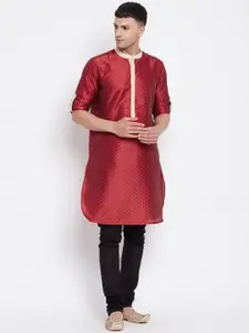 even Men Red Ethnic Motifs Contrast Collar Kurta