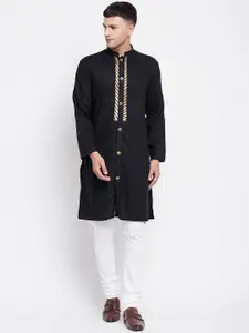 even Men Black Thread Work Kurta