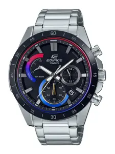 CASIO Men Black Dial & Silver Toned Stainless Steel Bracelet Style Straps Analogue Chronograph Watch