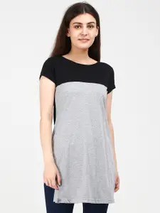 Fleximaa Black & Grey Colourblocked Cotton Longline Regular Top