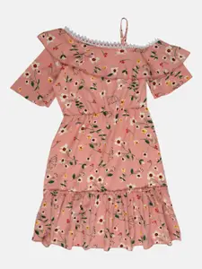 V-Mart Girls Peach-Coloured Floral Printed Dress