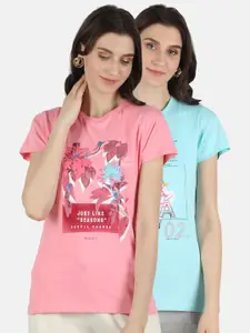 Monte Carlo Women Pink & Sea Green Set Of 2 Printed Pure Cotton T-shirt