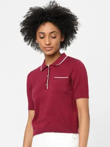 ONLY Women Maroon Polo Collar T-shirt