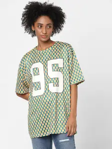 ONLY Women Green Printed Applique Oversized T-shirt