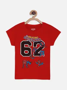 Kids Ville Girls Red Typography Spider-Man Printed Cotton T-shirt