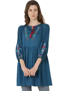 SAAKAA Teal Blue Embroidered Tie-Up Neck Cinched Waist Longline Top