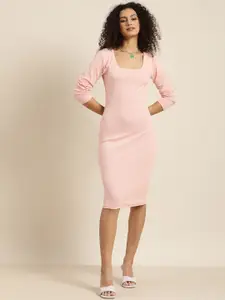 Moda Rapido Pink Solid Square Neck Regular Sleeves Knitted Bodycon Dress