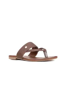 Bata Women Brown Striped T-Strap Flats
