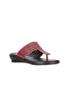Bata Women Maroon Striped T-Strap Flats with Laser Cuts