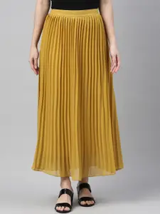 SHECZZAR Women Mustard Accordion Pleated Flared Skirt