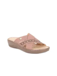 Scholl Pink Embellished Suede Flatform Sandals with Laser Cuts