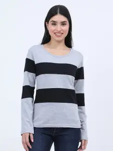 Fleximaa Women Grey Striped Cotton T-shirt