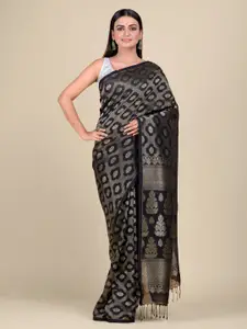Mitera Black & Silver-Toned Woven Design Pure Linen Saree
