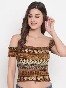 Aawari Multicoloured Tribal Print Off-Shoulder Bardot Crop Top