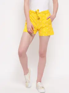 Aawari Women Yellow Printed High-Rise Cotton Shorts