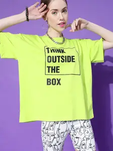 STREET 9 Women Lime Green Typography Printed Extended Sleeves Oversized Pure Cotton T-shirt