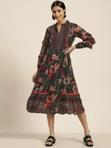 Sangria Women Black & Red Floral Printed Georgette A-Line Midi Dress