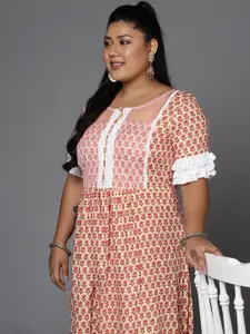 INDDUS PLUS Women Plus Size Pink & Cream-Coloured Ethnic Motifs Printed Kurta