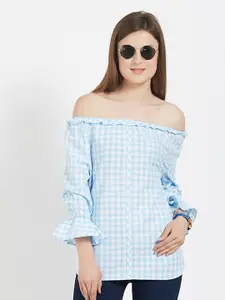 Kraus Jeans Blue Checked Off-Shoulder Bardot Pure Cotton Top