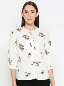 Kraus Jeans White Floral Printed Tie-Up Neck Top