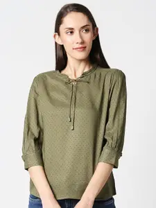 Kraus Jeans Olive Green Print Tie-Up Neck Top