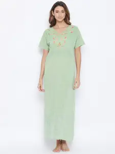 The Kaftan Company Green Pure Cotton Embroidered Maxi Nightdress
