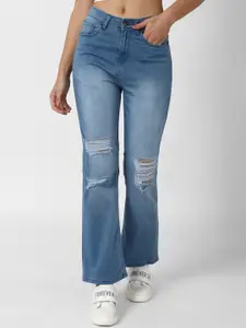 FOREVER 21 Women Blue Wide Leg Mildly Distressed Light Fade Stretchable Jeans