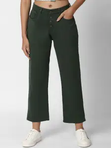 FOREVER 21 Women Green Solid Cropped Wide Leg Jeans
