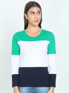 Fleximaa Women Sea Green & White Colourblocked Cotton T-shirt