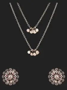 Voylla Silver-Plated Chain With Floral Stud Earrings