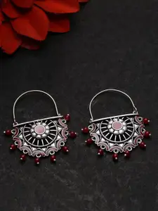 Voylla Silver-Plated & Maroon Geometric Hoop Earrings