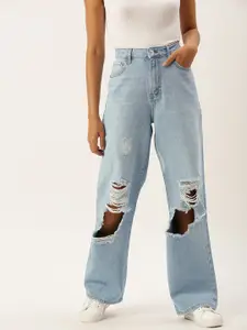 FOREVER 21 Women Light Blue High-Rise Highly Distressed Jeans