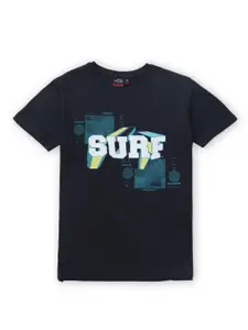 Gini and Jony Boys Navy Blue Typography Printed Cotton T-shirt