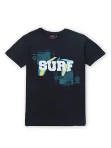 Gini and Jony Boys Navy Blue Typography Printed Applique T-shirt