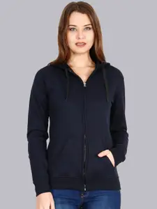 Fleximaa Women Navy Blue Cotton Hooded Sweatshirt