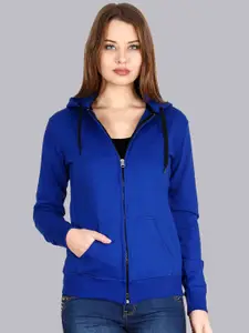 Fleximaa Women Blue Solid Hooded Cotton Sweatshirt