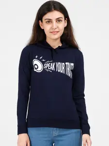 Fleximaa Women Navy Blue Printed Hooded Sweatshirt