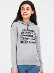 Fleximaa Women Grey Printed Hooded Cotton Sweatshirt