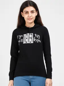 Fleximaa Women Black Printed Hooded Cotton Sweatshirt