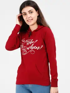 Fleximaa Women Maroon Printed Hooded Sweatshirt